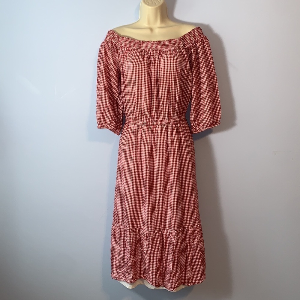 Old navy large Red Gingham Off-Shoulder Peasant tiered midi dress tomato girl 🍅